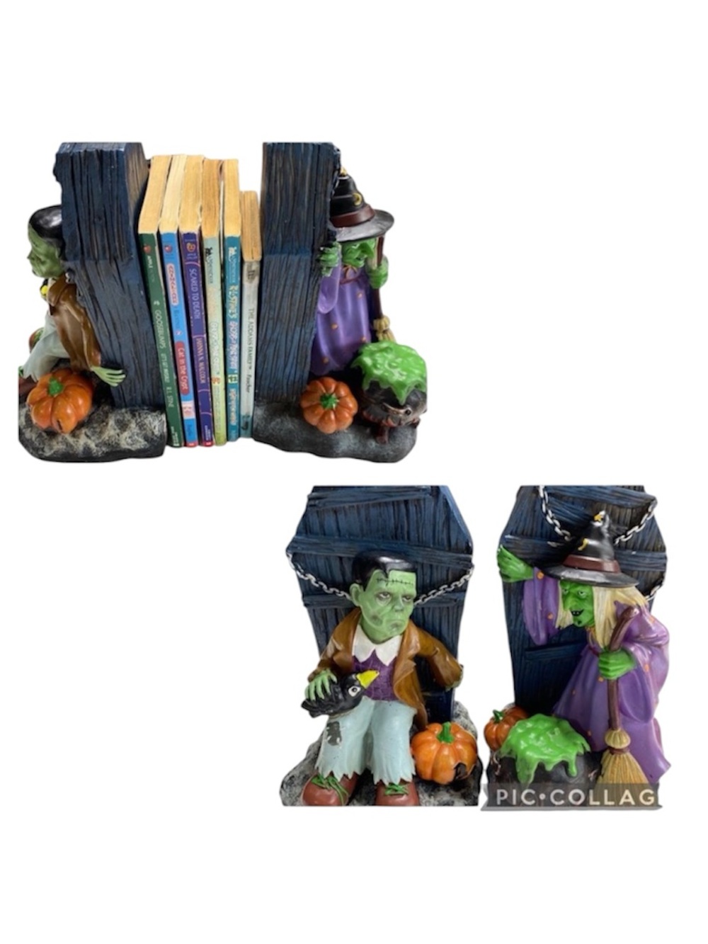 Vintage Spooky Graveyard Headstone Frankenstein & Witch Resin Halloween Bookends